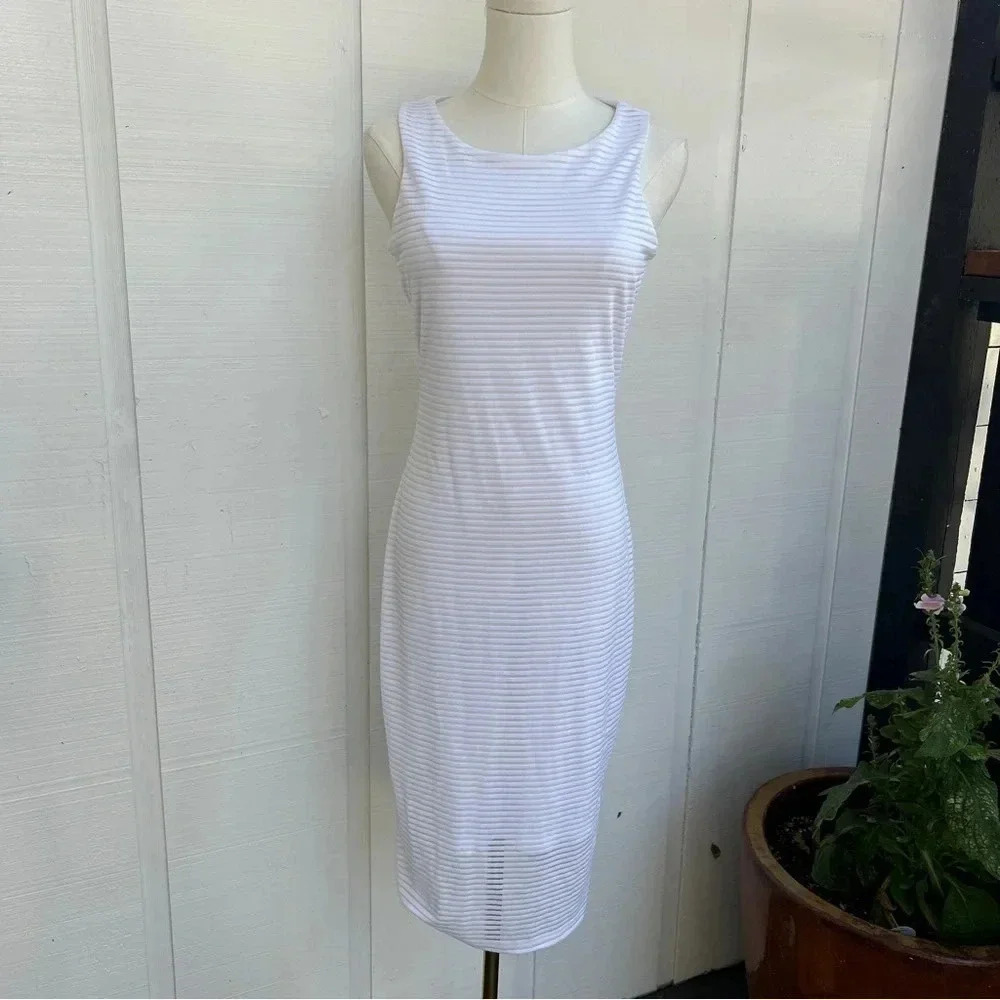 Vintage Y2K Jennifer Lopez White Mesh Striped Overlay Midi Shift Dress | Size 4